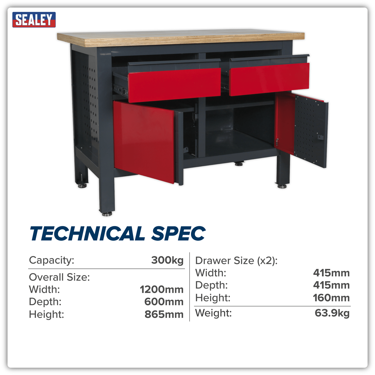 Sealey AP1372A Workbench with 2 Drawers & 2 Cupboards - AP1372A - Sealey Tools UK - Trade Counter Direct