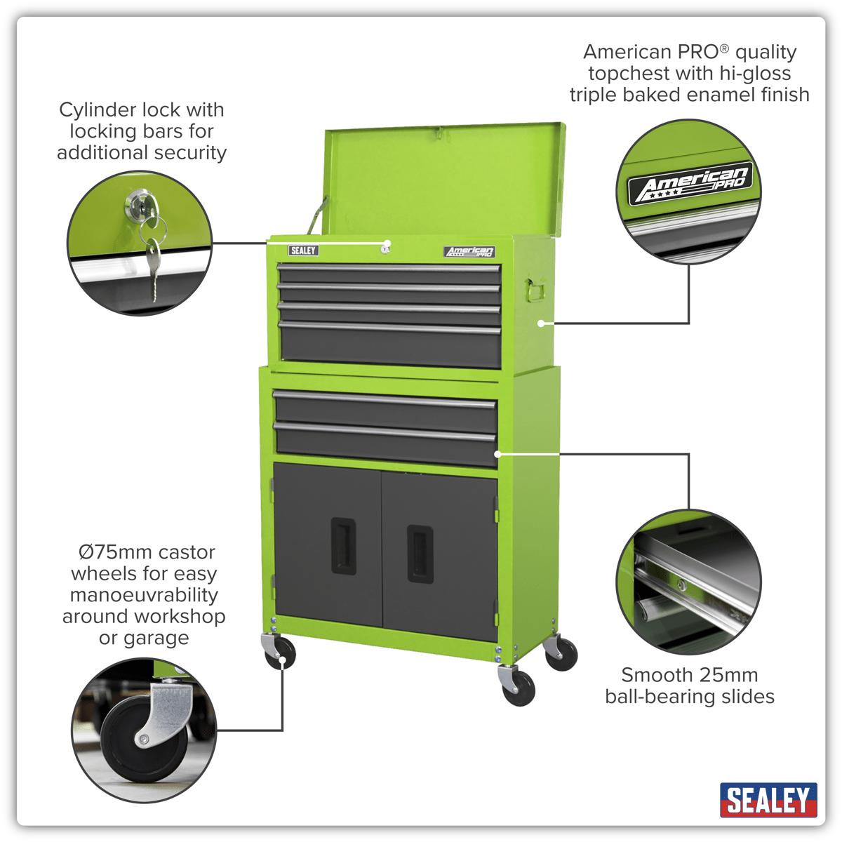 Sealey AP2200BBHV American PRO® Topchest & Rollcab Combination 6 Drawer - Green/Grey - AP2200BBHV - Sealey Tools UK - Trade Counter Direct