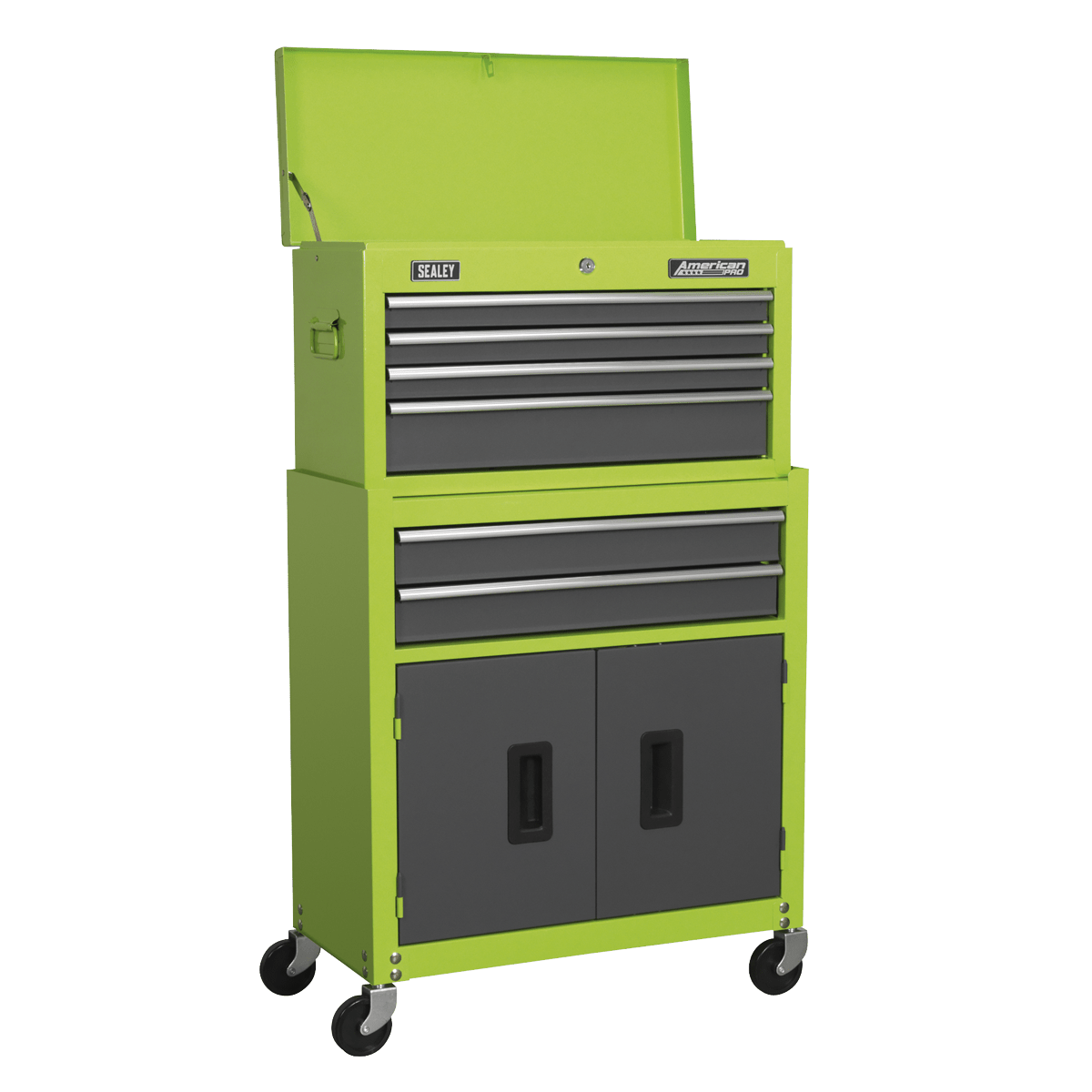 Sealey AP2200BBHV American PRO® Topchest & Rollcab Combination 6 Drawer - Green/Grey - AP2200BBHV - Sealey Tools UK - Trade Counter Direct