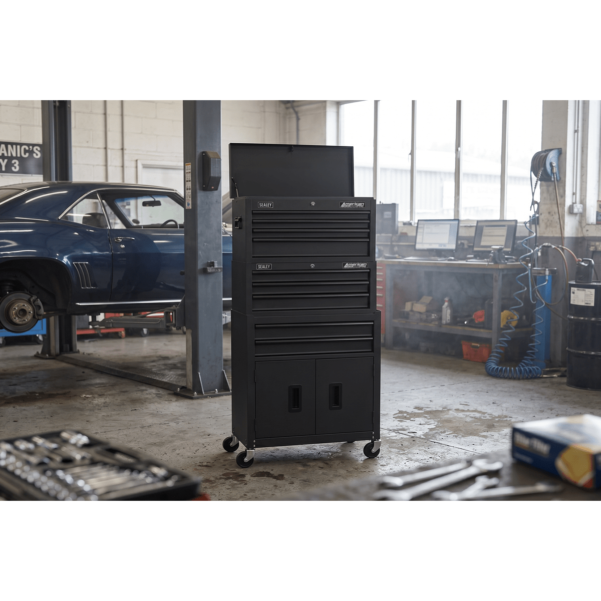Sealey AP2200BKSTACK American PRO® Topchest, Mid-Box Tool Chest & Rollcab Stack 9 Drawer - Black - AP2200BKSTACK - Sealey Tools UK - Trade Counter Direct