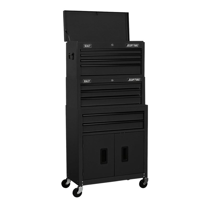 Sealey AP2200BKSTACK American PRO® Topchest, Mid-Box Tool Chest & Rollcab Stack 9 Drawer - Black - AP2200BKSTACK - Sealey Tools UK - Trade Counter Direct