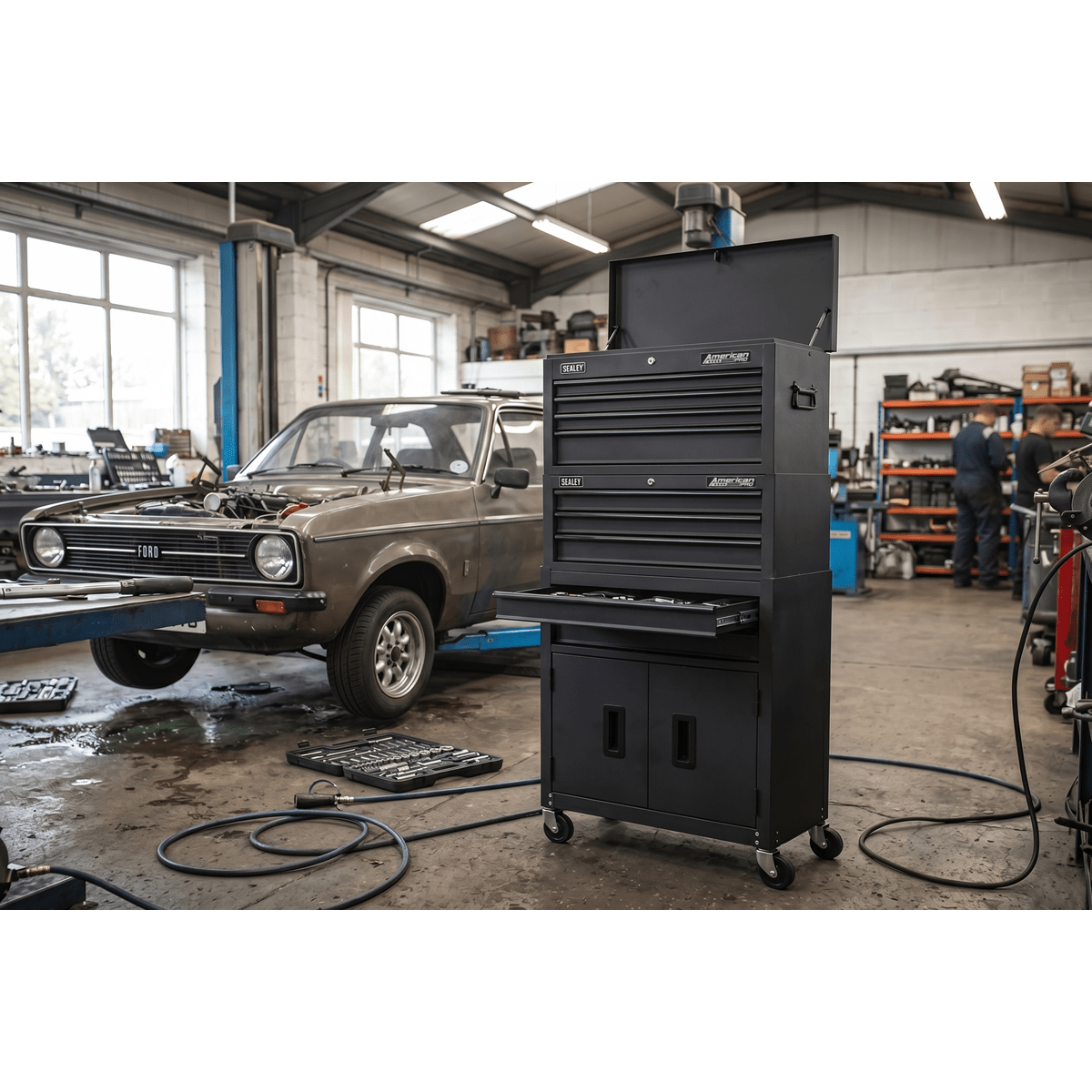 Sealey AP2200BKSTACK American PRO® Topchest, Mid-Box Tool Chest & Rollcab Stack 9 Drawer - Black - AP2200BKSTACK - Sealey Tools UK - Trade Counter Direct