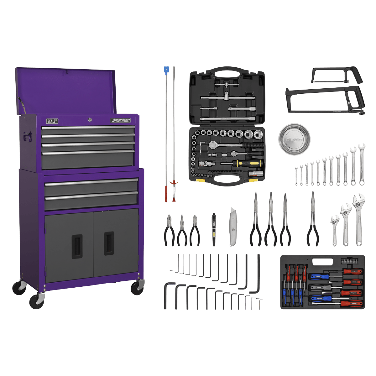 Sealey AP2200COMBOCP Topchest & Rollcab Combination 6 Drawer with Ball - Bearing Slides - Purple/Grey & 128pc Tool Kit - AP2200COMBOCP - Sealey Tools UK - Trade Counter Direct