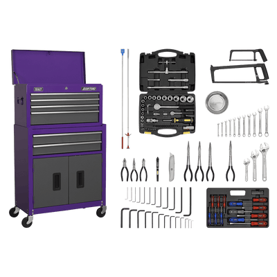 Sealey AP2200COMBOCP Topchest & Rollcab Combination 6 Drawer with Ball - Bearing Slides - Purple/Grey & 128pc Tool Kit - AP2200COMBOCP - Sealey Tools UK - Trade Counter Direct