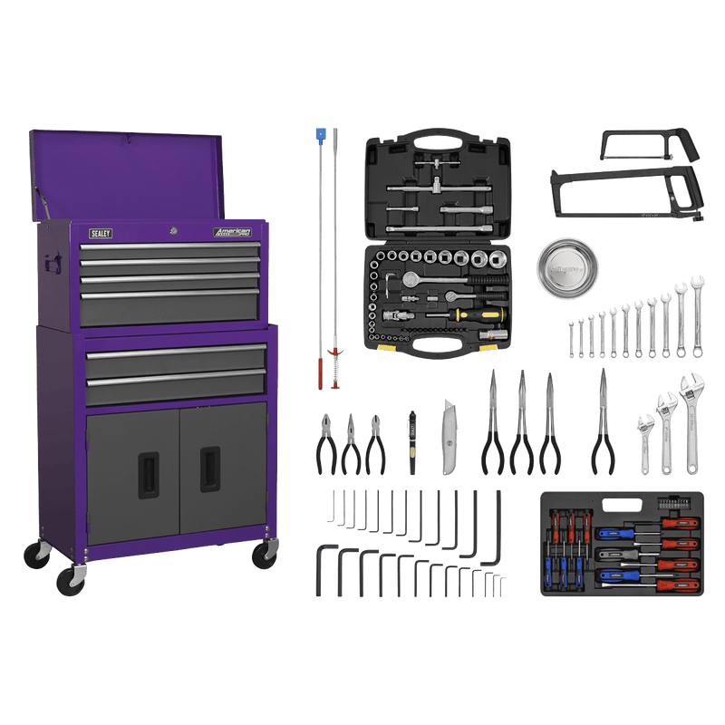 Sealey AP2200COMBOCP Topchest & Rollcab Combination 6 Drawer with Ball - Bearing Slides - Purple/Grey & 128pc Tool Kit - AP2200COMBOCP - Sealey Tools UK - Trade Counter Direct