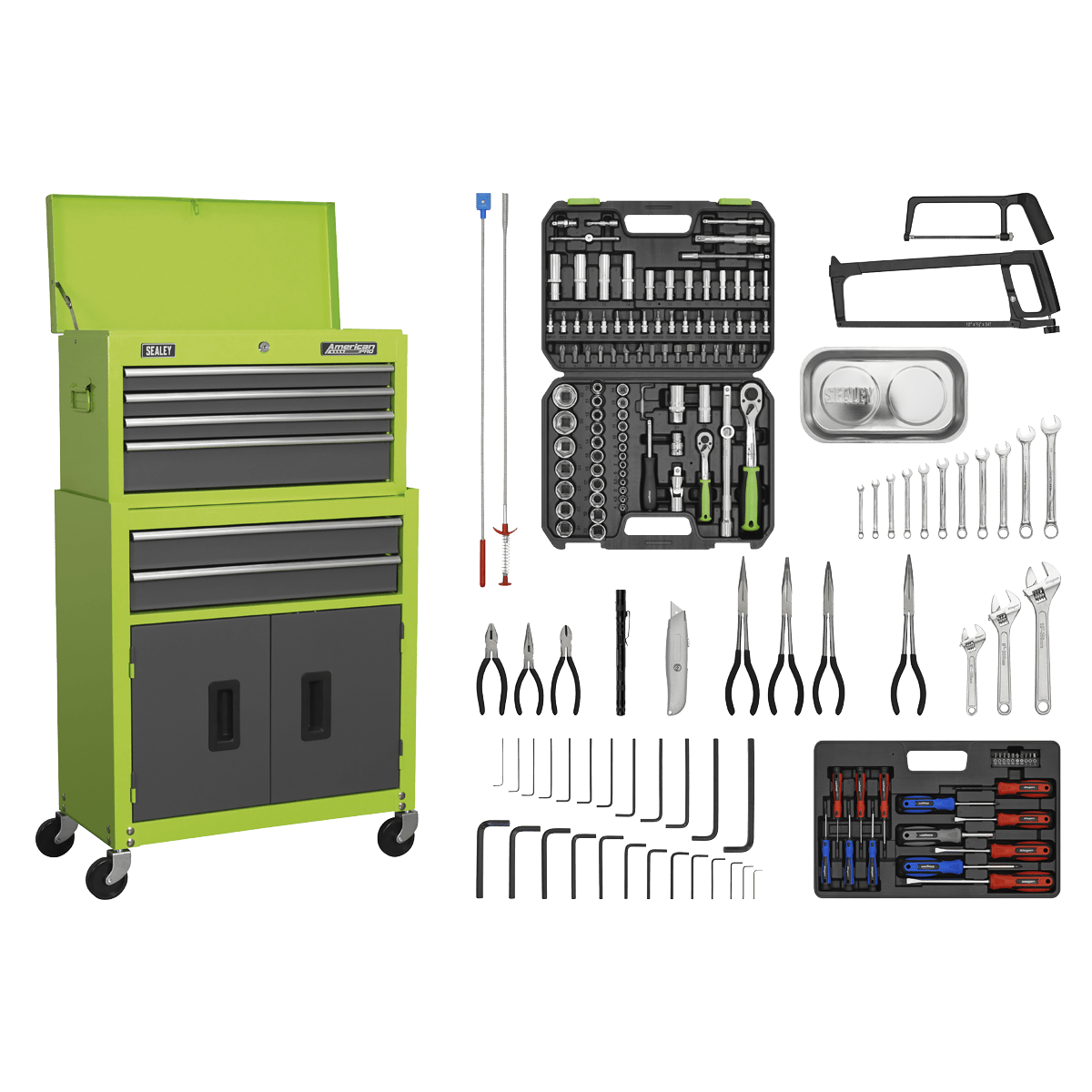 Sealey AP2200COMBOHV American PRO® Topchest & Rollcab Combination 6 Drawer with 170pc Tool Kit - Green/Grey - AP2200COMBOHV - Sealey Tools UK - Trade Counter Direct