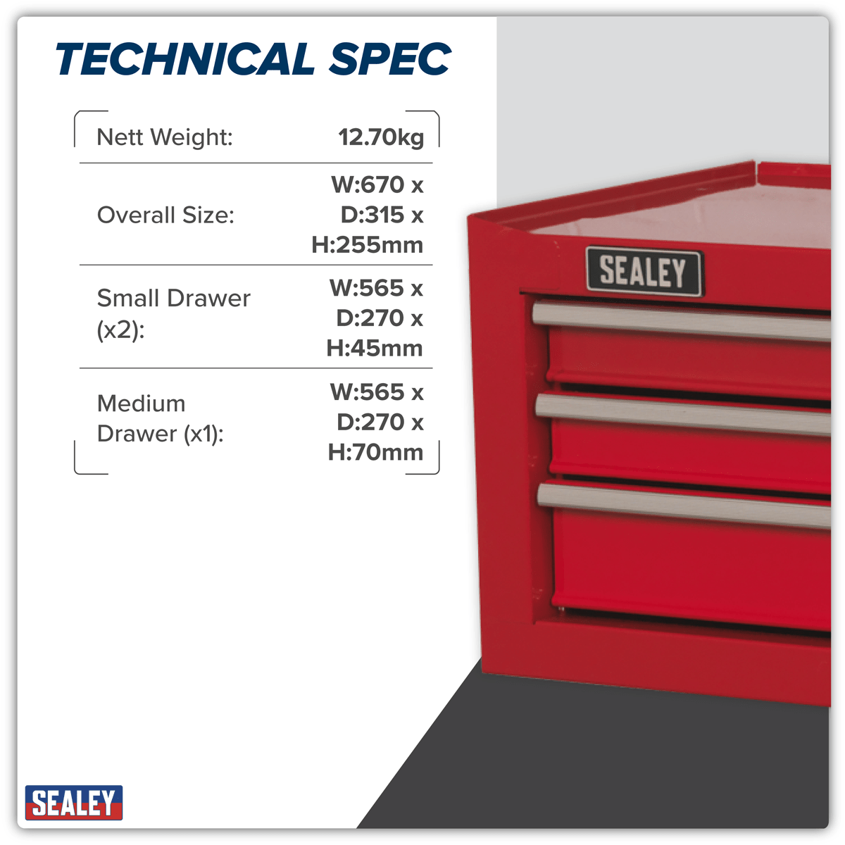 Sealey AP223 American PRO® Mid-Box Tool Chest 3 Drawer - Red - AP223 - Sealey Tools UK - Trade Counter Direct