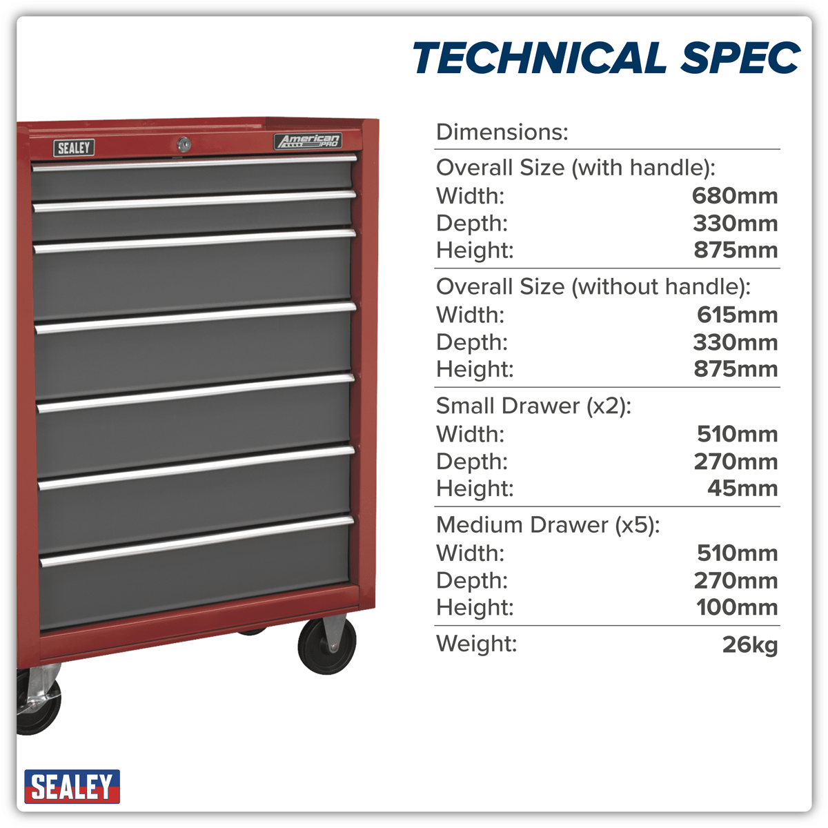 Sealey AP22507BB American PRO® Rollcab 7 Drawer - Red/Grey - AP22507BB - Sealey Tools UK - Trade Counter Direct