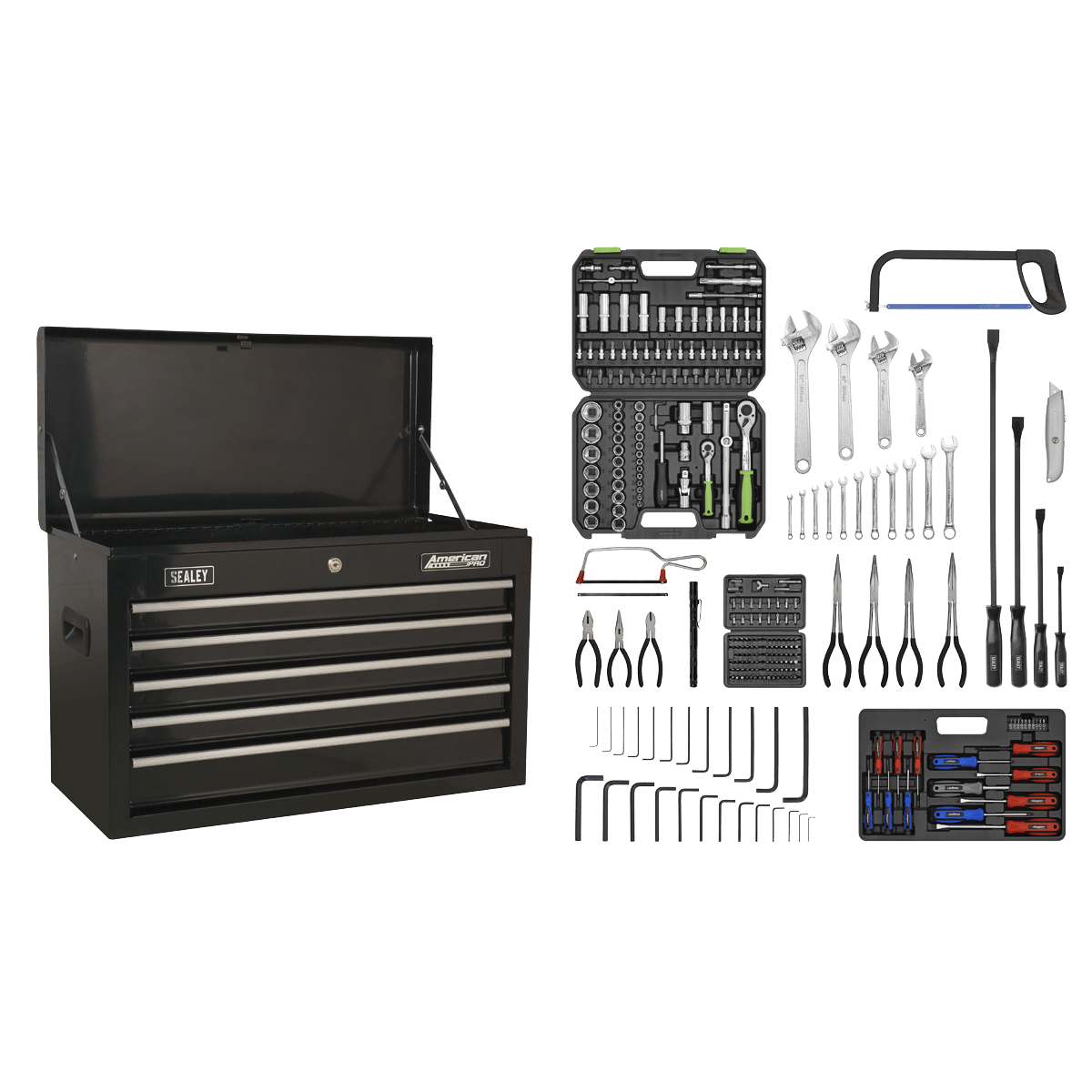 Sealey AP225BCOMBO American PRO® Topchest 5 Drawer with 272pc Tool Kit - Black - AP225BCOMBO - Sealey Tools UK - Trade Counter Direct
