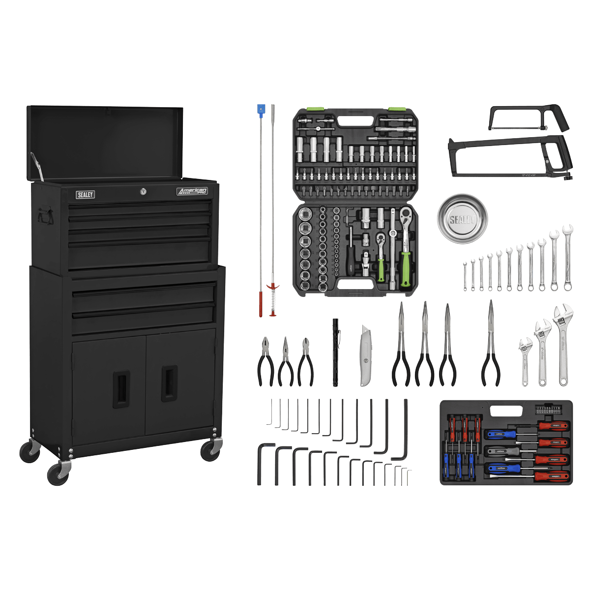 Sealey AP22BKCOMBO American PRO® Topchest & Rollcab Combination 6 Drawer with 170pc Tool Kit - Black - AP22BKCOMBO - Sealey Tools UK - Trade Counter Direct