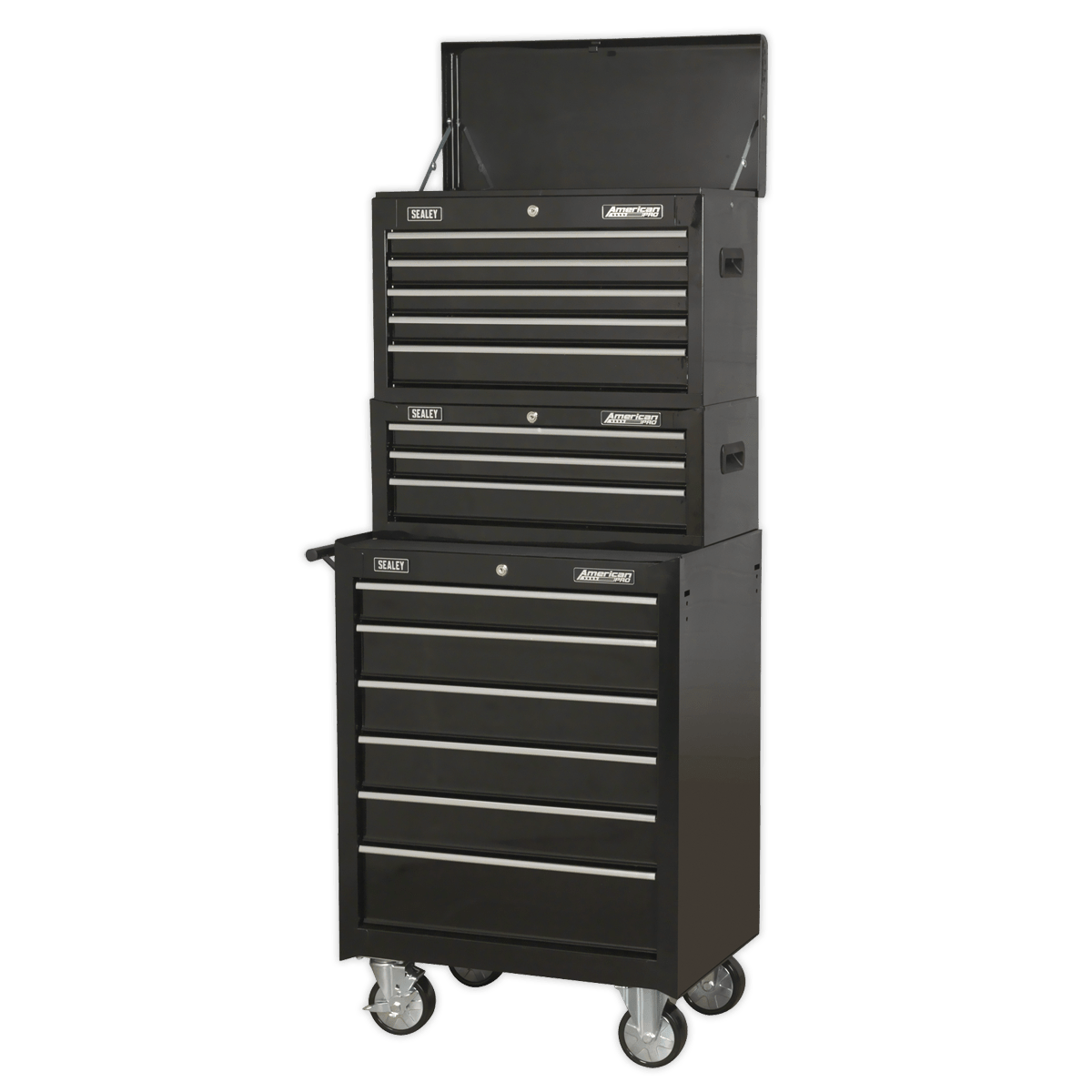 Sealey AP22BSTACK American PRO® Topchest, Mid-Box Tool Chest & Rollcab Stack 14 Drawer - Black - AP22BSTACK - Sealey Tools UK - Trade Counter Direct