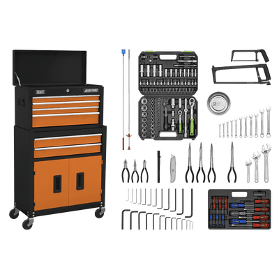 Sealey AP22OCOMBO American PRO® Topchest & Rollcab Combination 6 Drawer with 170pc Tool Kit - Orange/Black - AP22OCOMBO - Sealey Tools UK - Trade Counter Direct
