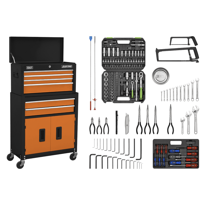 Sealey AP22OCOMBO American PRO® Topchest & Rollcab Combination 6 Drawer with 170pc Tool Kit - Orange/Black - AP22OCOMBO - Sealey Tools UK - Trade Counter Direct