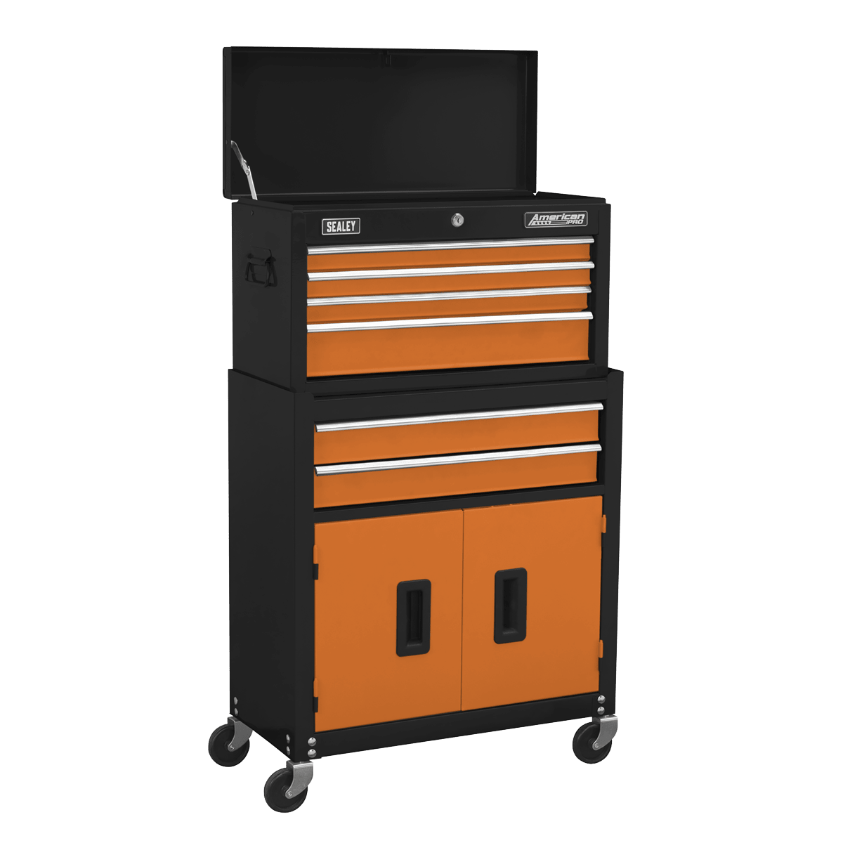 Sealey AP22OCOMBO American PRO® Topchest & Rollcab Combination 6 Drawer with 170pc Tool Kit - Orange/Black - AP22OCOMBO - Sealey Tools UK - Trade Counter Direct