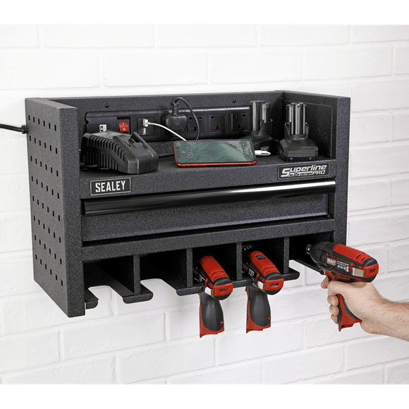 Sealey AP22SRBE Power Tool Storage Rack 560mm with Drawer & Power Strip - AP22SRBE - Sealey Tools UK - Trade Counter Direct