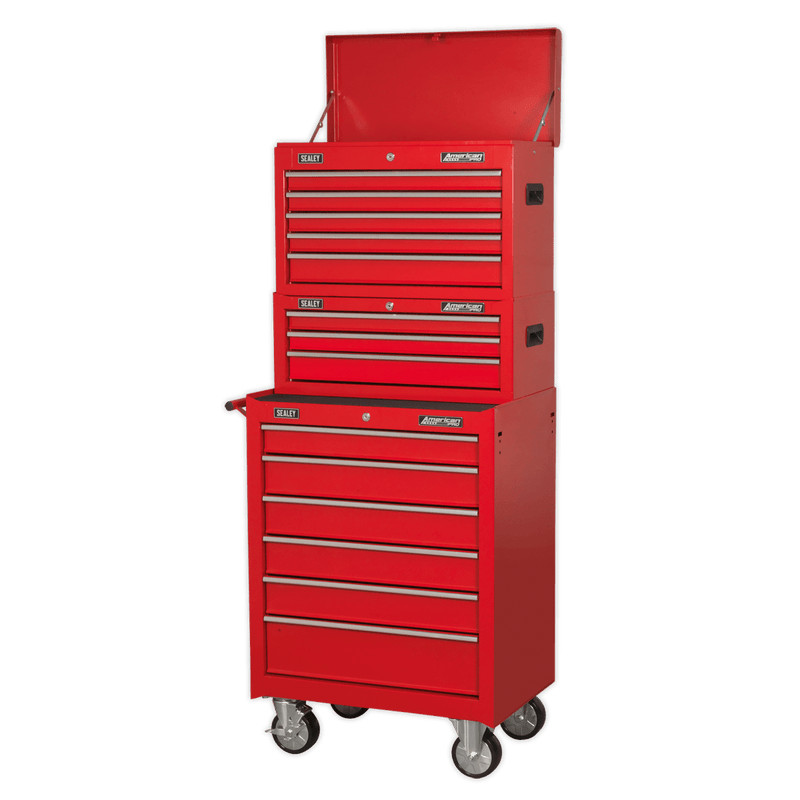 Sealey AP22STACK American PRO® Topchest, Mid-Box Tool Chest & Rollcab Stack 14 Drawer - Red - AP22STACK - Sealey Tools UK - Trade Counter Direct