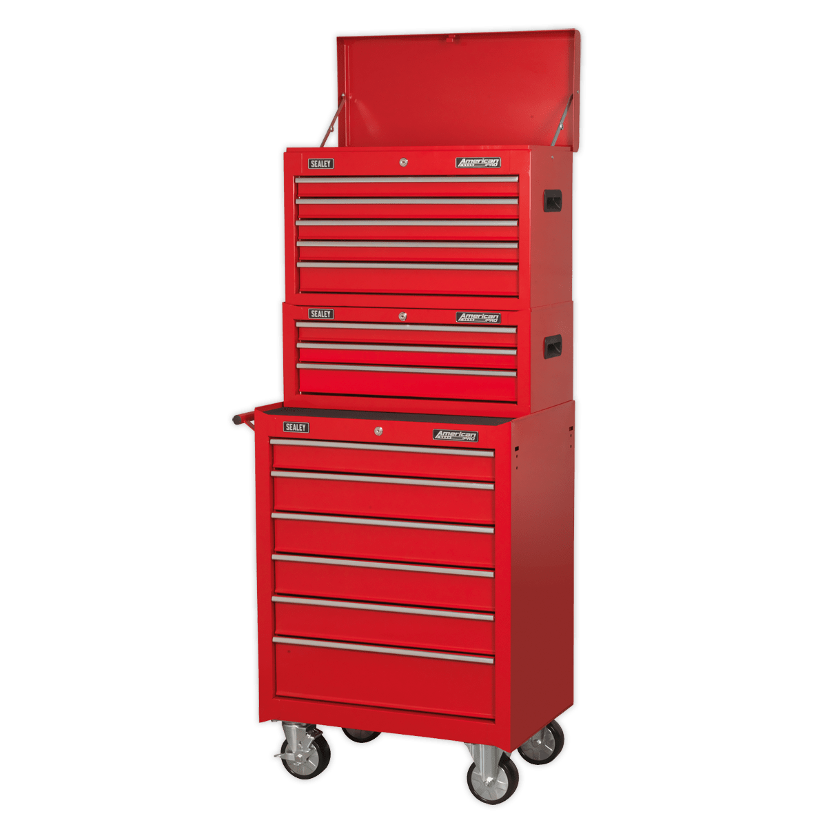 Sealey AP22STACK American PRO® Topchest, Mid-Box Tool Chest & Rollcab Stack 14 Drawer - Red - AP22STACK - Sealey Tools UK - Trade Counter Direct