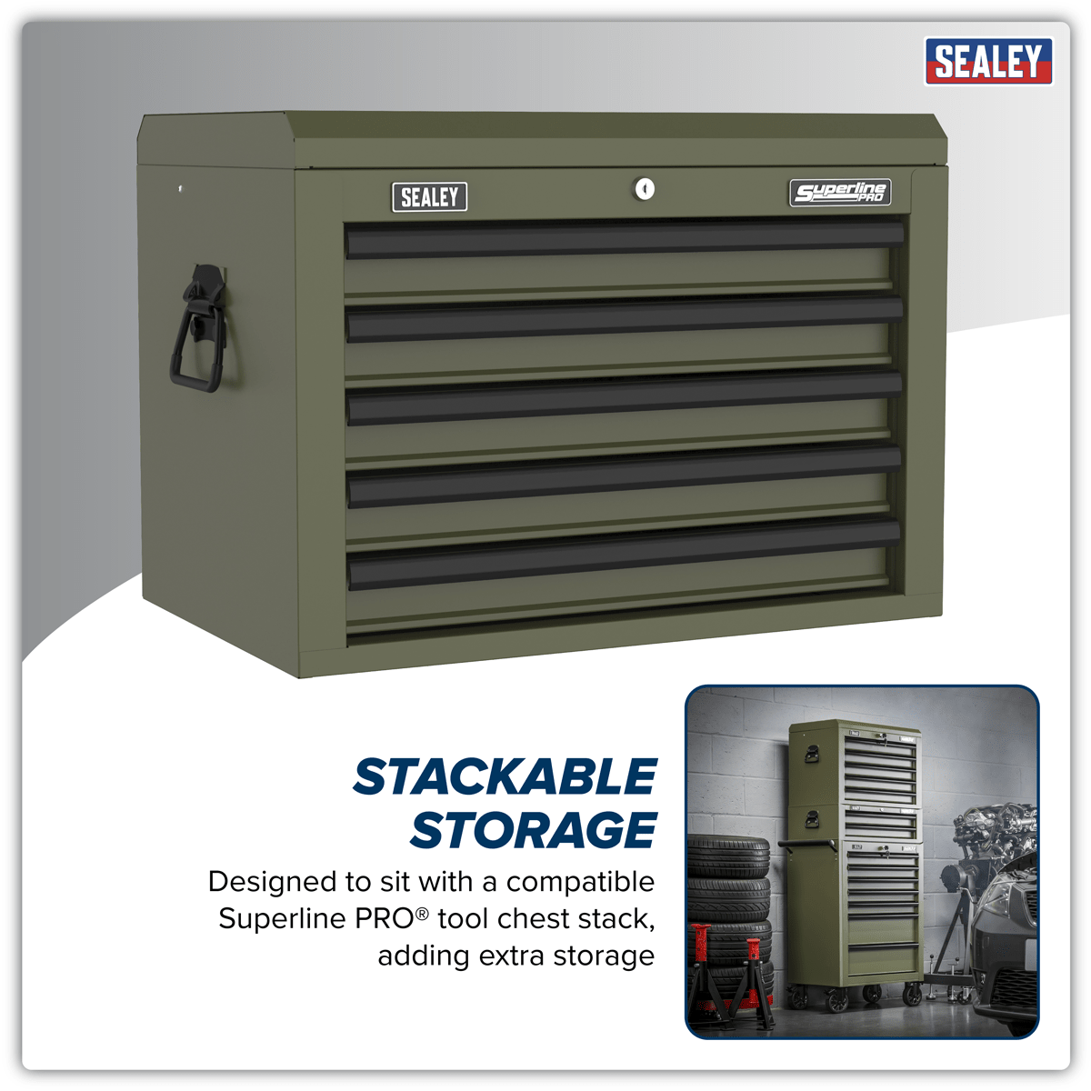 Sealey AP26059TK Superline PRO® Heavy-Duty Topchest 5 Drawer - Khaki - AP26059TK - Sealey Tools UK - Trade Counter Direct