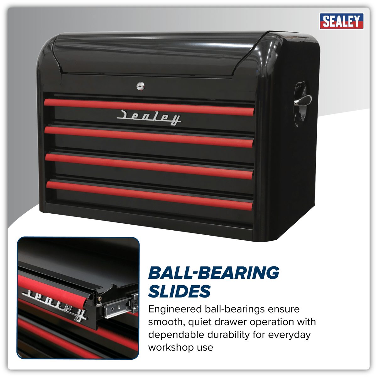 Sealey AP28104BR Premier™ Retro Style Topchest 4 Drawer - Black with Red Anodised Drawer Pulls - AP28104BR - Sealey Tools UK - Trade Counter Direct