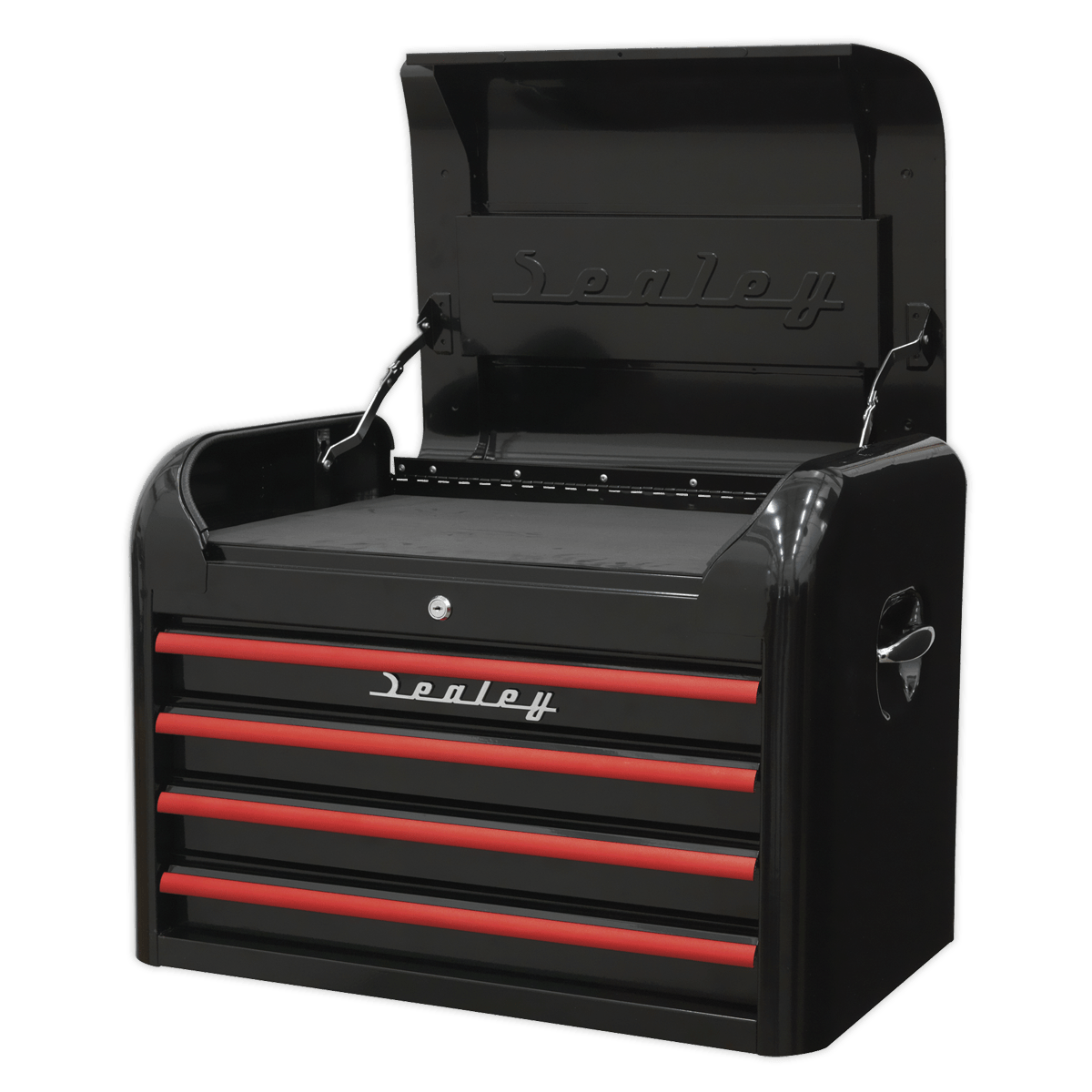 Sealey AP28104BR Premier™ Retro Style Topchest 4 Drawer - Black with Red Anodised Drawer Pulls - AP28104BR - Sealey Tools UK - Trade Counter Direct