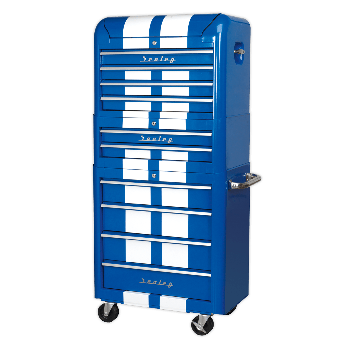 Sealey AP28COMBO2BWS Premier™ Retro Style Topchest, Mid-Box Tool Chest & Rollcab Combination 10 Drawer - Blue with White Stripes - AP28COMBO2BWS - Sealey Tools UK - Trade Counter Direct