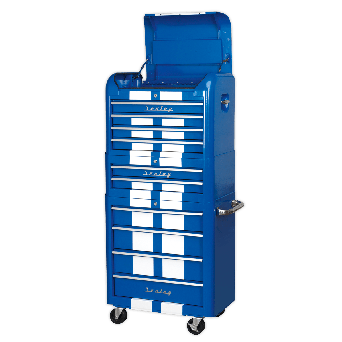 Sealey AP28COMBO2BWS Premier™ Retro Style Topchest, Mid-Box Tool Chest & Rollcab Combination 10 Drawer - Blue with White Stripes - AP28COMBO2BWS - Sealey Tools UK - Trade Counter Direct