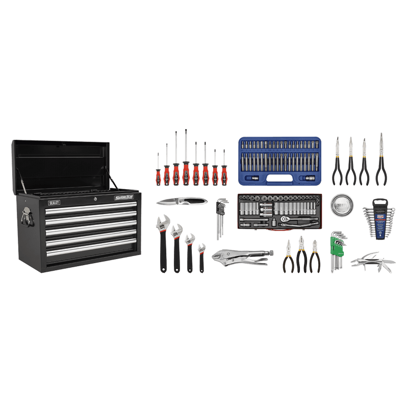 Sealey AP33059BCOMBO Topchest 5 Drawer with Ball Bearing Slides - Black & 140pc Tool Kit - AP33059BCOMBO - Sealey Tools UK - Trade Counter Direct