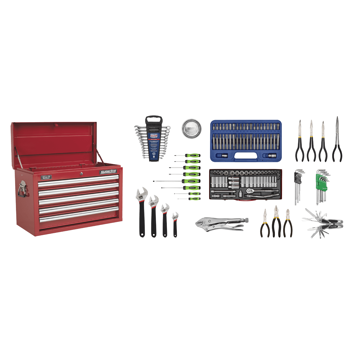 Sealey AP33059COMBO Superline PRO® Topchest 5 Drawer with 139pc Tool Kit - Red - AP33059COMBO - Sealey Tools UK - Trade Counter Direct