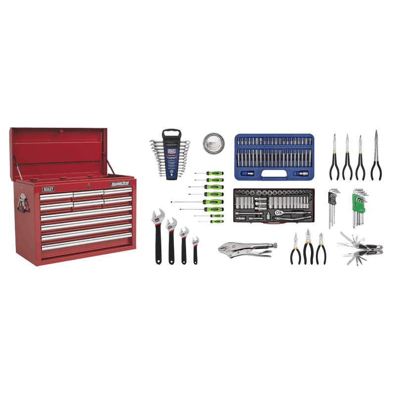 Sealey AP33109COMBO Superline PRO® Topchest 10 Drawer with 139pc Tool Kit - Red - AP33109COMBO - Sealey Tools UK - Trade Counter Direct