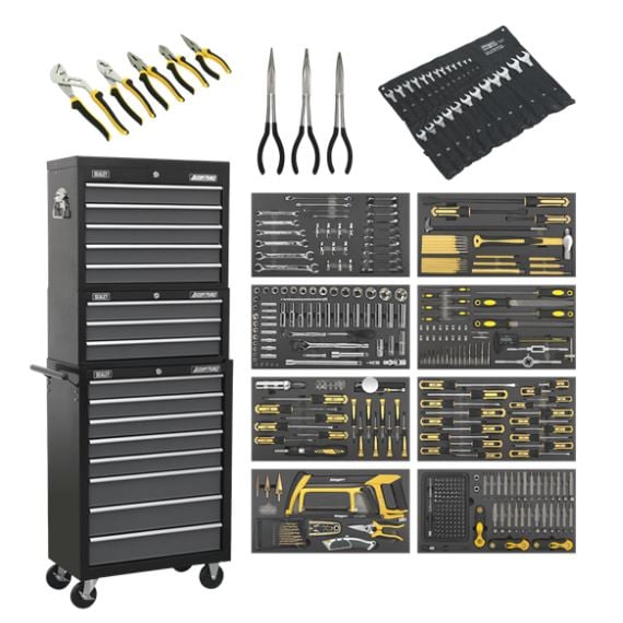 Sealey AP35TBCOMBO Tool Chest Combination 16 Drawer with Ball Bearing Slides - Black/Grey & 468pc Tool Kit - AP35TBCOMBO - Sealey Tools UK - Trade Counter Direct