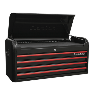 Sealey AP41104BR Topchest 4 Drawer Wide Retro Style - Black with Red Anodised Drawer Pulls - AP41104BR - Sealey Tools UK - Trade Counter Direct