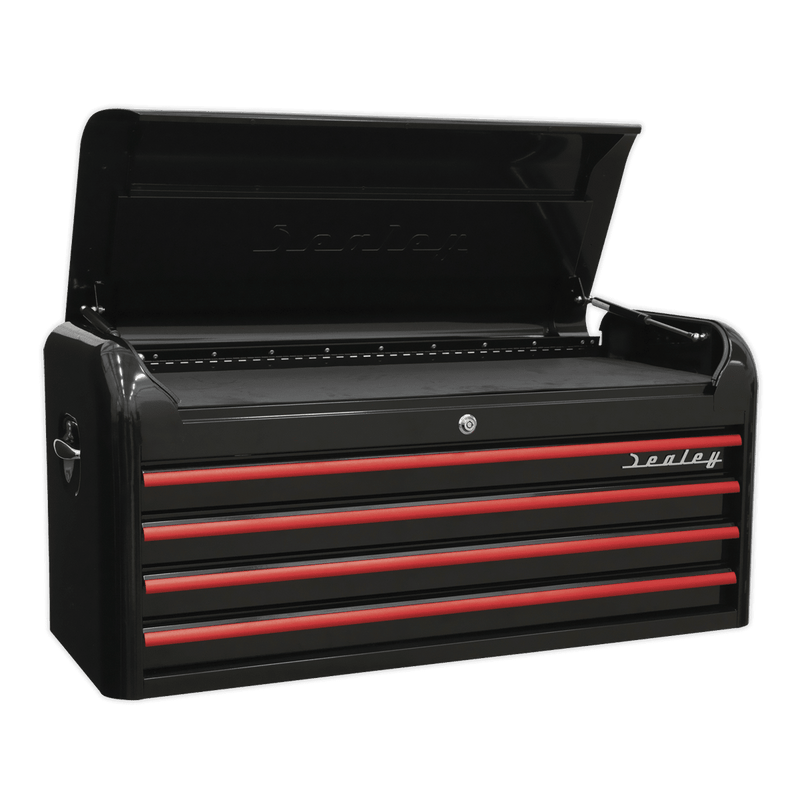 Sealey AP41104BR Topchest 4 Drawer Wide Retro Style - Black with Red Anodised Drawer Pulls - AP41104BR - Sealey Tools UK - Trade Counter Direct