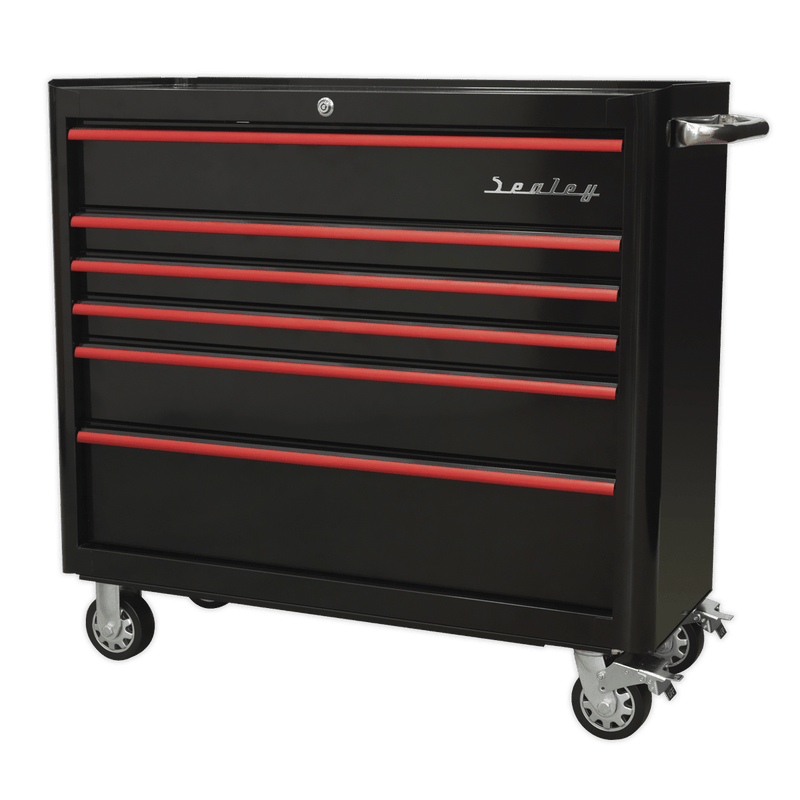 Sealey AP41206BR Premier™ Retro Style Wide Rollcab 6 Drawer - Black with Red Anodised Drawer Pulls - AP41206BR - Sealey Tools UK - Trade Counter Direct