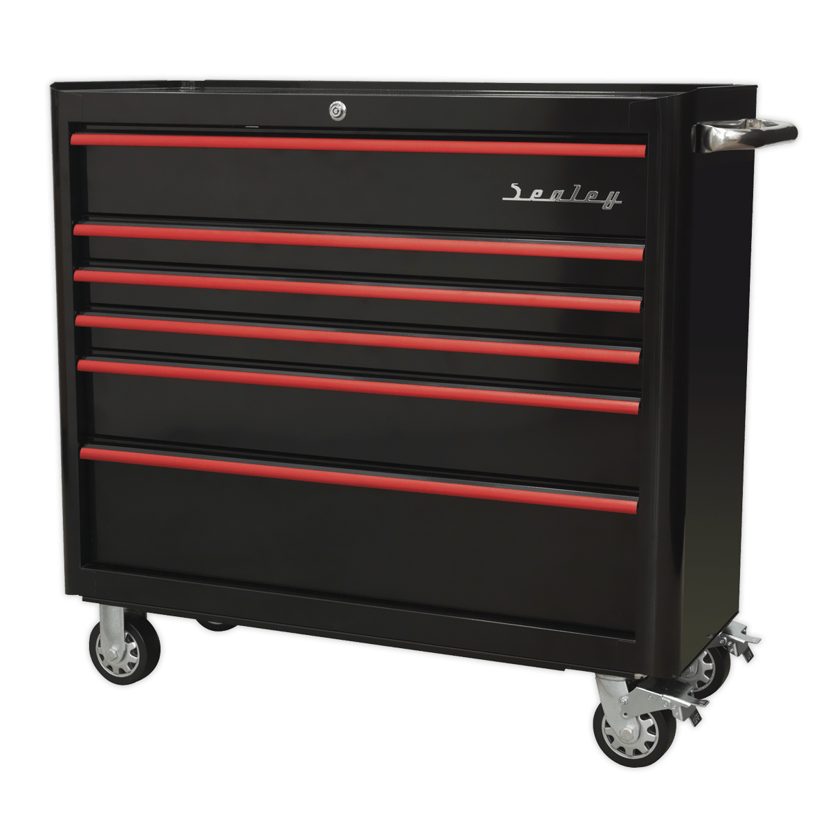 Sealey AP41206BR Premier™ Retro Style Wide Rollcab 6 Drawer - Black with Red Anodised Drawer Pulls - AP41206BR - Sealey Tools UK - Trade Counter Direct