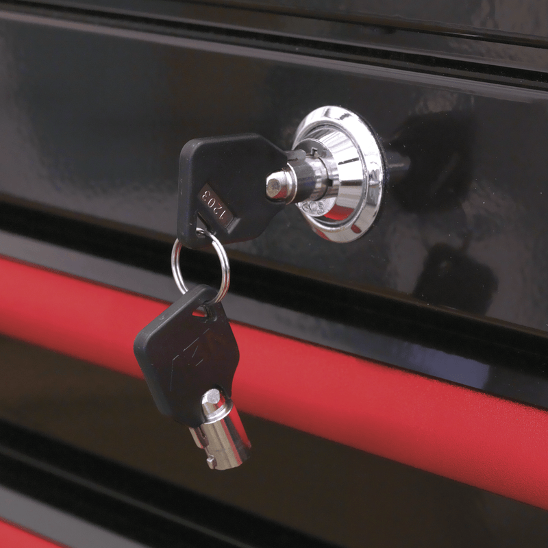 Sealey AP41206BR Premier™ Retro Style Wide Rollcab 6 Drawer - Black with Red Anodised Drawer Pulls - AP41206BR - Sealey Tools UK - Trade Counter Direct