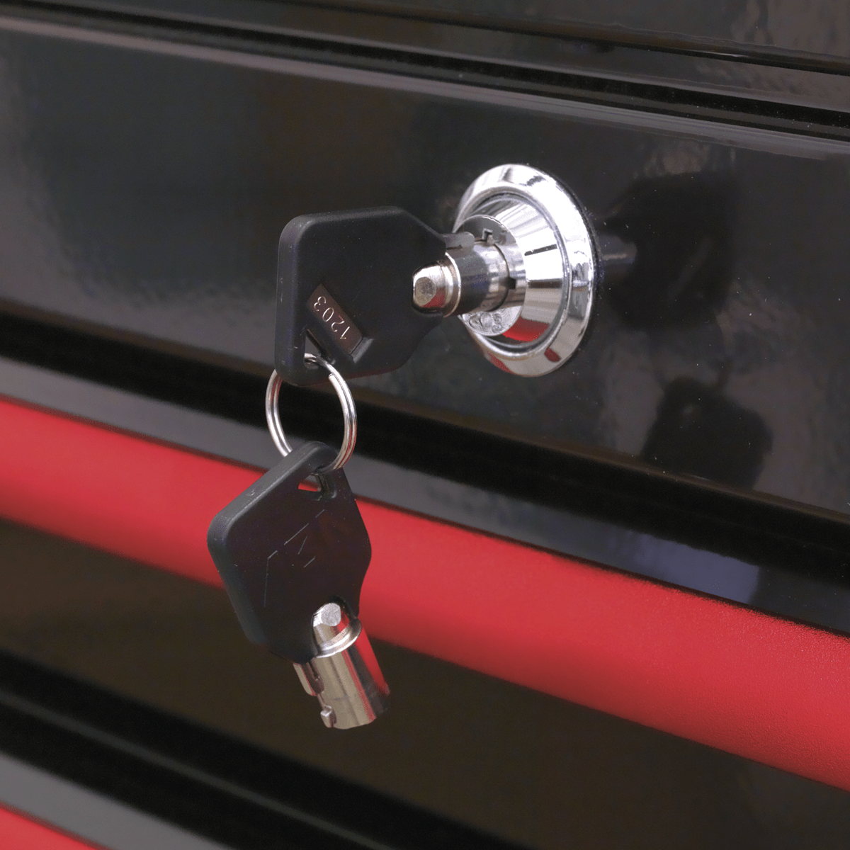 Sealey AP41206BR Premier™ Retro Style Wide Rollcab 6 Drawer - Black with Red Anodised Drawer Pulls - AP41206BR - Sealey Tools UK - Trade Counter Direct