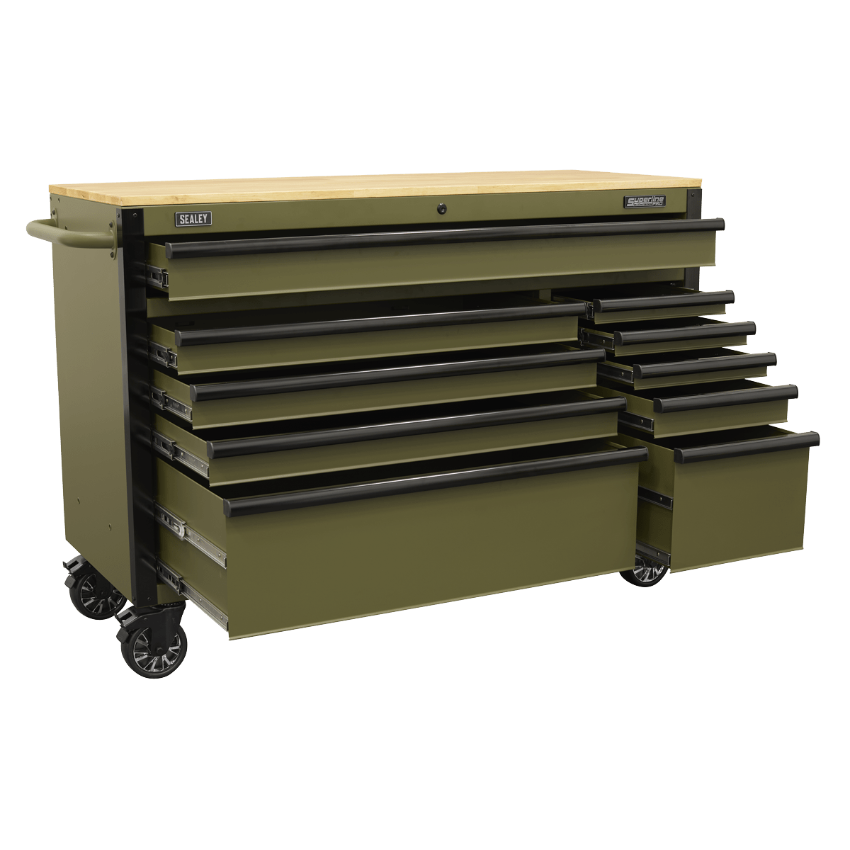 Sealey AP5210KBE Superline PRO® Mobile Trolley with Wooden Worktop & Power Bar 10 Drawer 1320mm - AP5210KBE - Sealey Tools UK - Trade Counter Direct