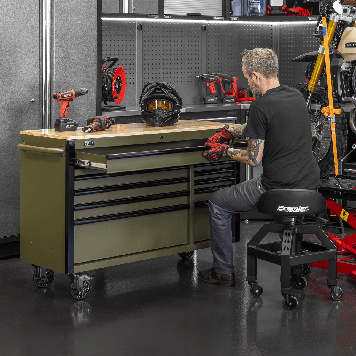 Sealey AP5210KBE Superline PRO® Mobile Trolley with Wooden Worktop & Power Bar 10 Drawer 1320mm - AP5210KBE - Sealey Tools UK - Trade Counter Direct
