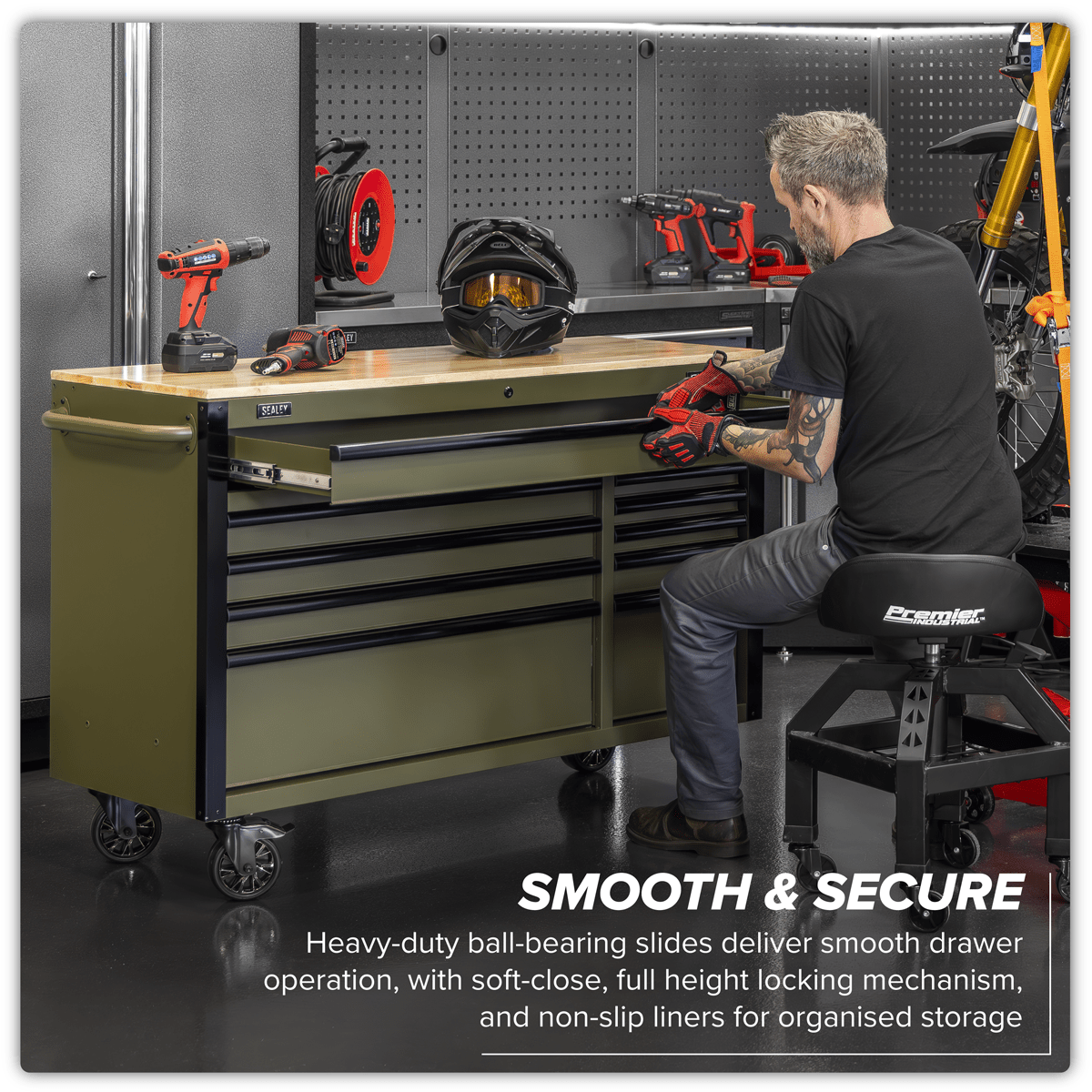 Sealey AP5210KBE Superline PRO® Mobile Trolley with Wooden Worktop & Power Bar 10 Drawer 1320mm - AP5210KBE - Sealey Tools UK - Trade Counter Direct