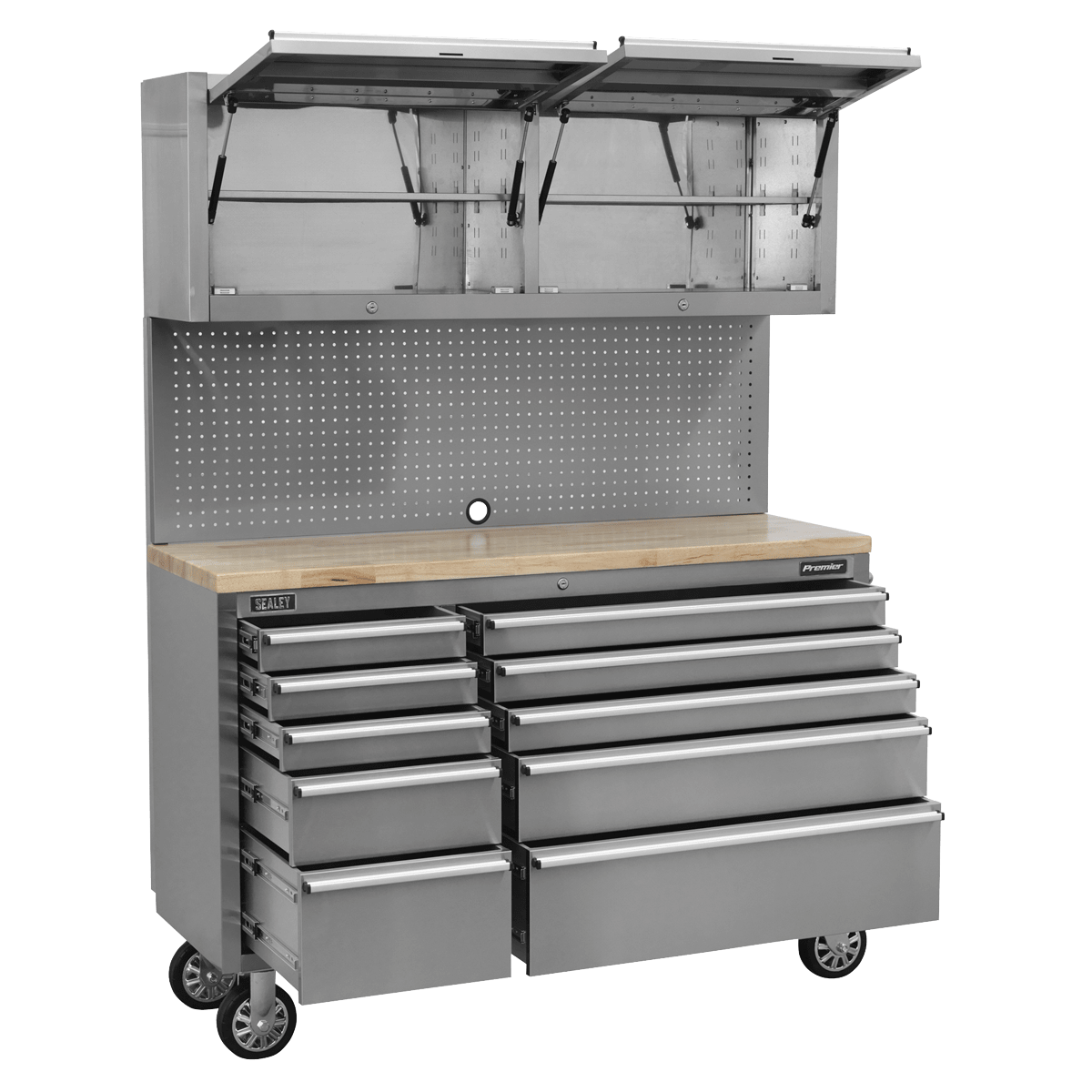 Sealey AP5520SS Premier™ Mobile Stainless Steel Tool Cabinet 10 Drawer with Backboard & 2 Wall Cupboards - AP5520SS - Sealey Tools UK - Trade Counter Direct