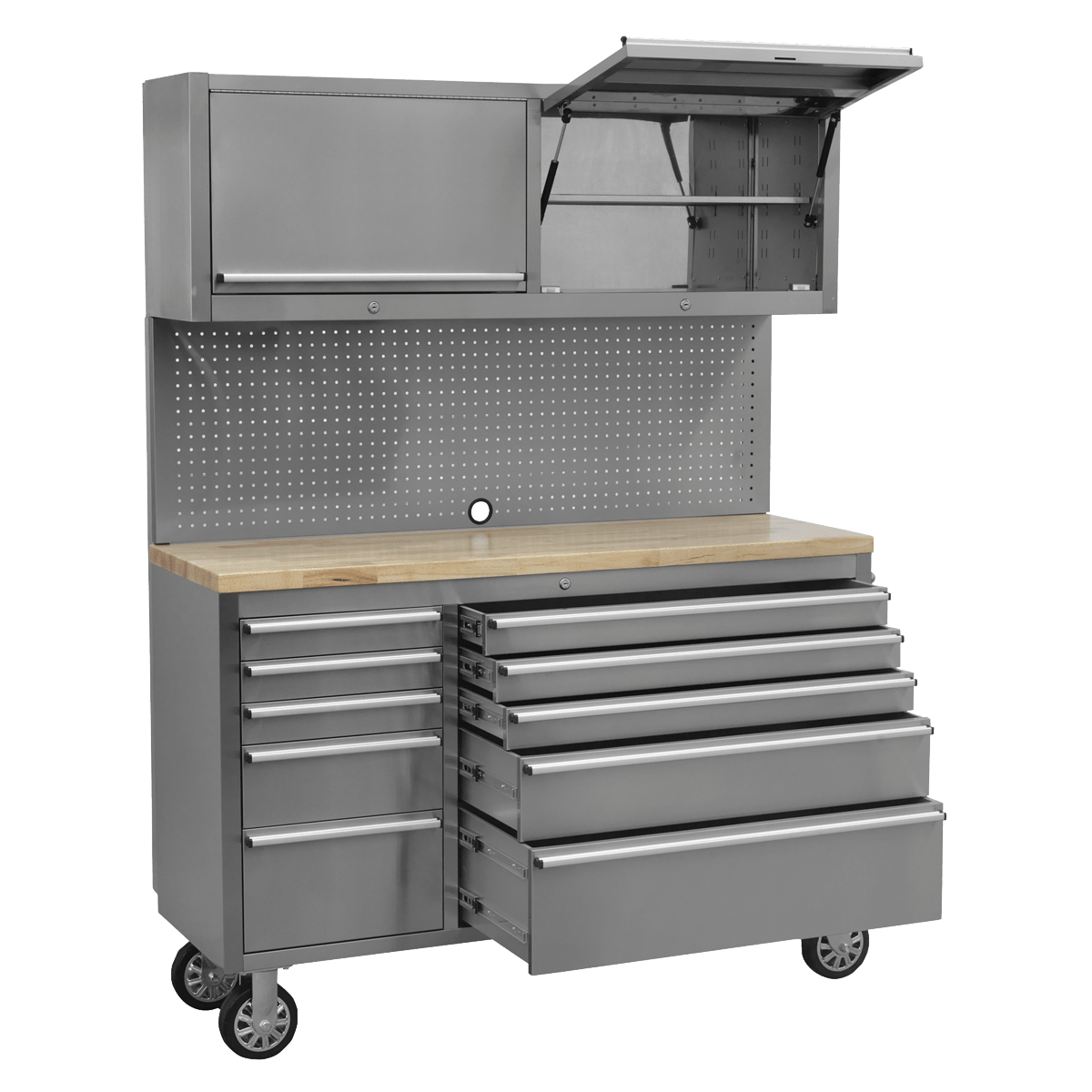 Sealey AP5520SS Premier™ Mobile Stainless Steel Tool Cabinet 10 Drawer with Backboard & 2 Wall Cupboards - AP5520SS - Sealey Tools UK - Trade Counter Direct