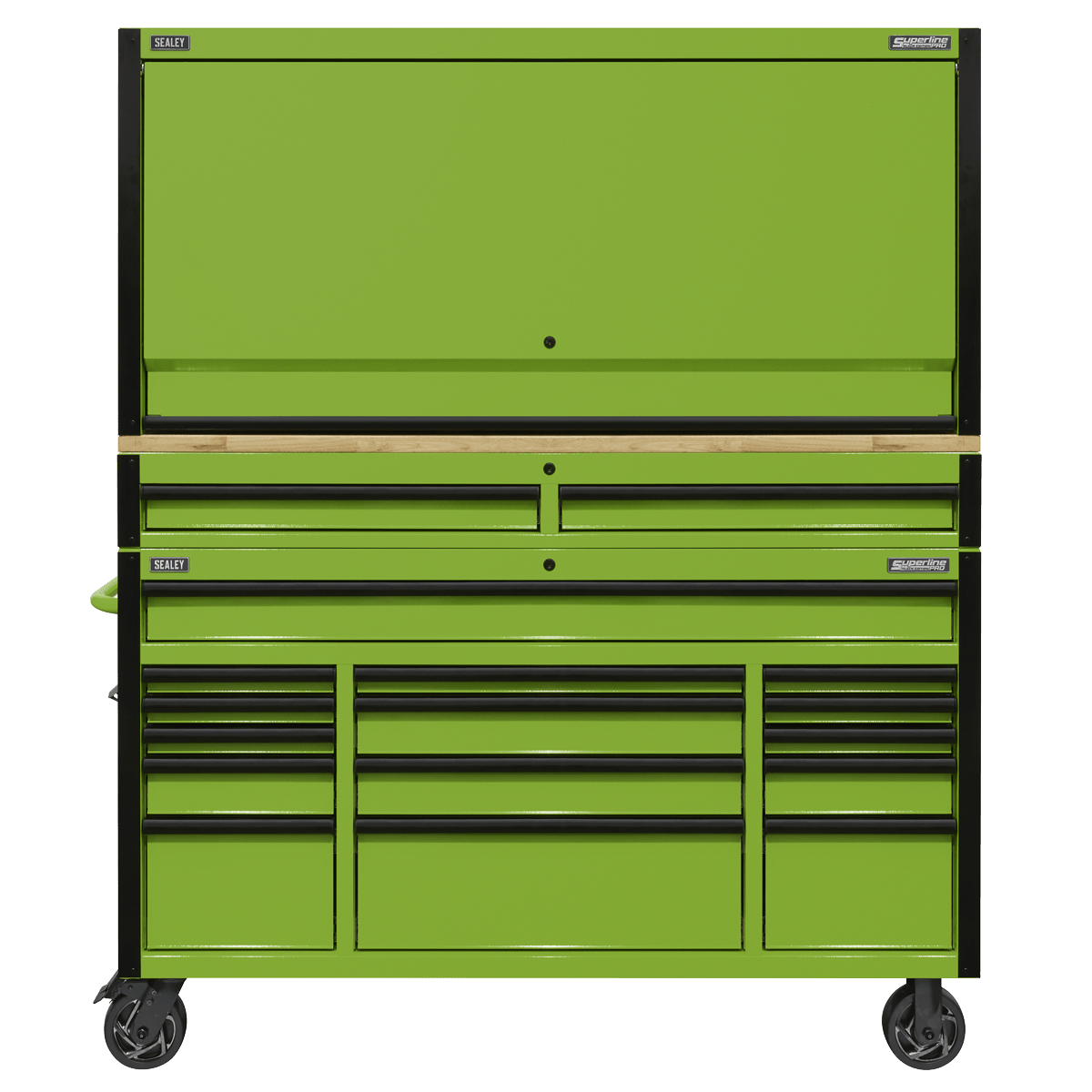 Sealey AP6115BECOMBO1 Superline PRO® Black Edition Mobile Trolley with Wooden Worktop, Hutch & 2 Drawer Riser 15 Drawer 1549mm - AP6115BECOMBO1 - Sealey Tools UK - Trade Counter Direct