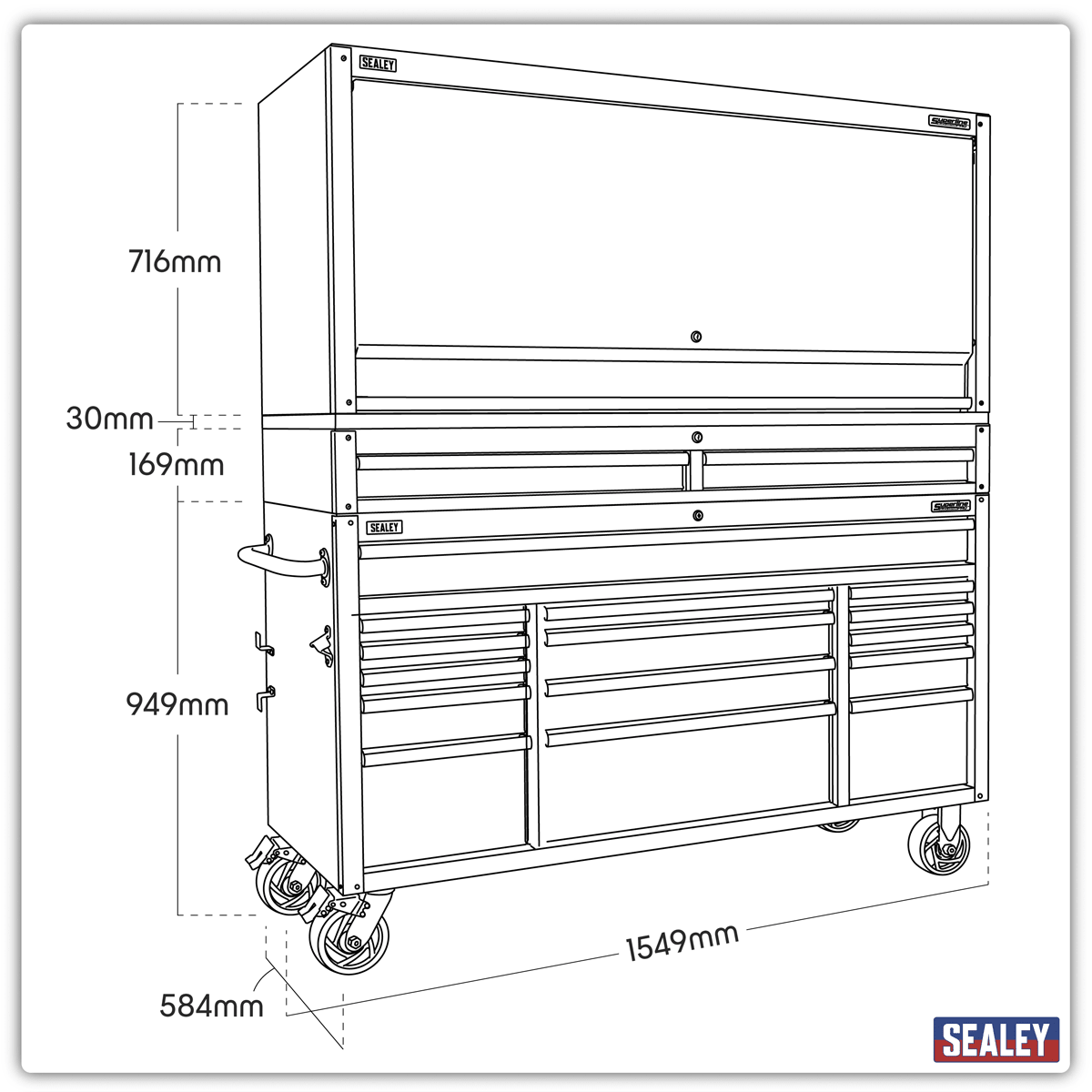 Sealey AP6115BECOMBO1 Superline PRO® Black Edition Mobile Trolley with Wooden Worktop, Hutch & 2 Drawer Riser 15 Drawer 1549mm - AP6115BECOMBO1 - Sealey Tools UK - Trade Counter Direct