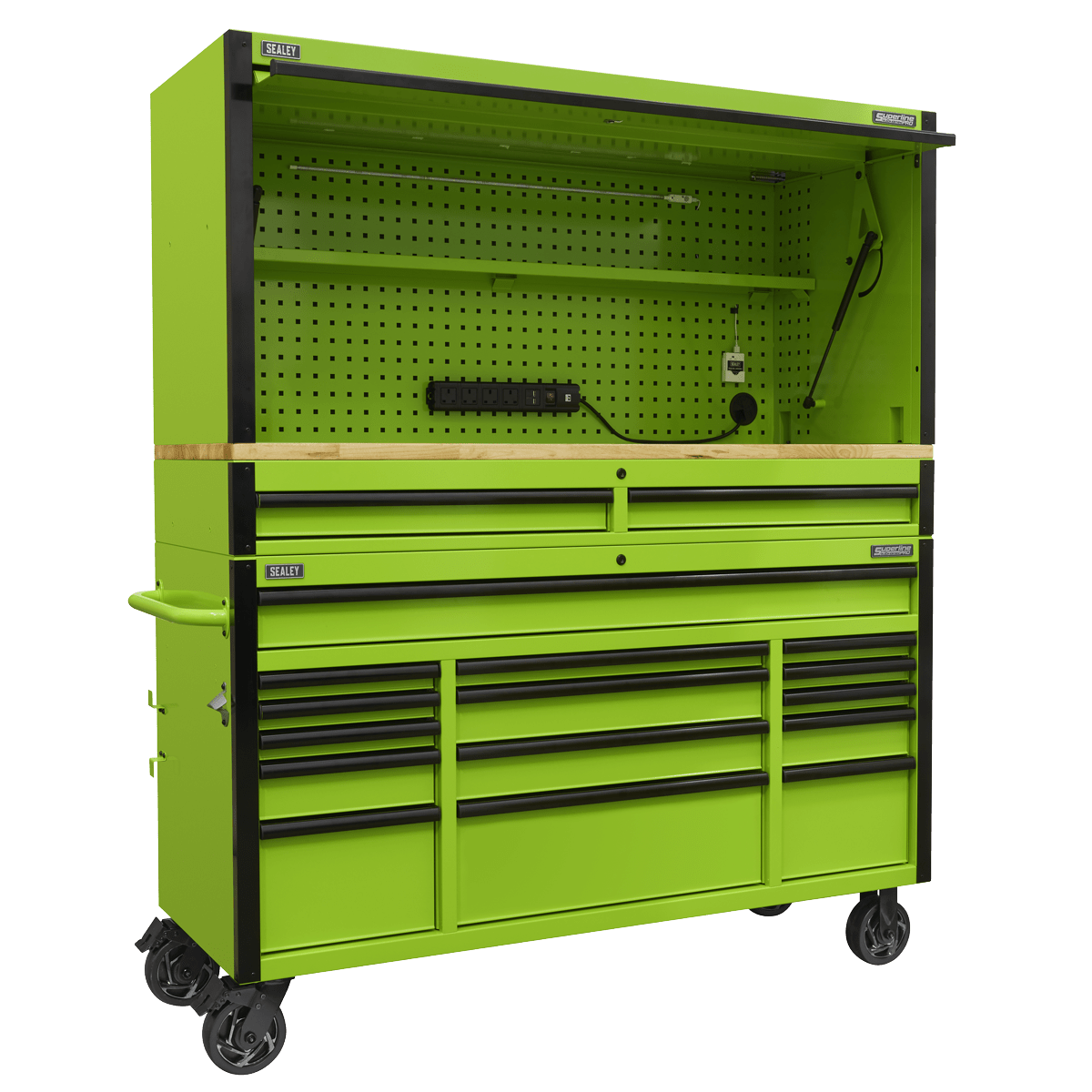 Sealey AP6115BECOMBO1 Superline PRO® Black Edition Mobile Trolley with Wooden Worktop, Hutch & 2 Drawer Riser 15 Drawer 1549mm - AP6115BECOMBO1 - Sealey Tools UK - Trade Counter Direct