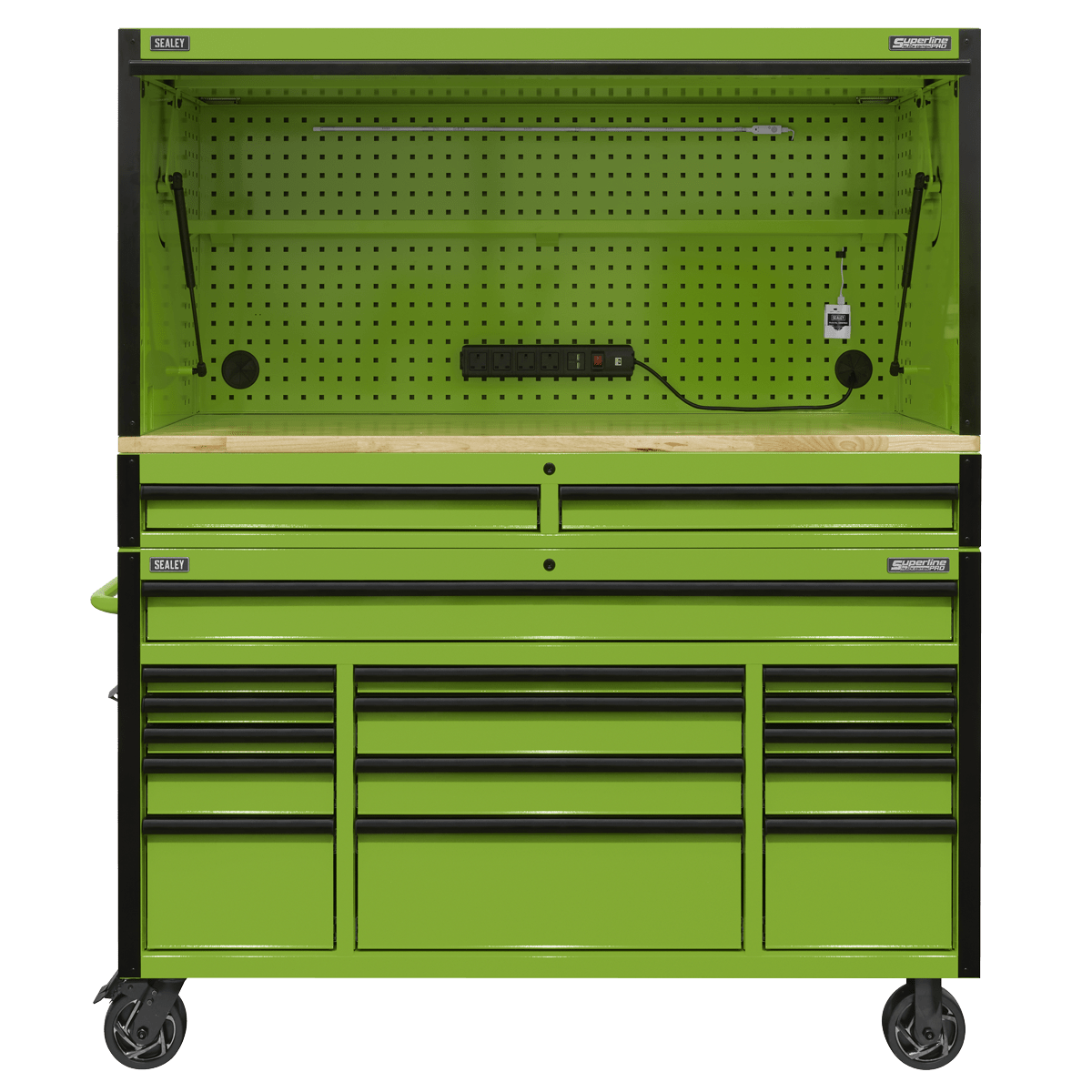 Sealey AP6115BECOMBO1 Superline PRO® Black Edition Mobile Trolley with Wooden Worktop, Hutch & 2 Drawer Riser 15 Drawer 1549mm - AP6115BECOMBO1 - Sealey Tools UK - Trade Counter Direct
