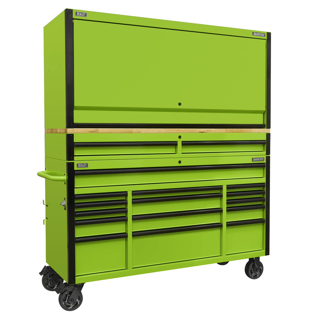 Sealey AP6115BECOMBO1 Superline PRO® Black Edition Mobile Trolley with Wooden Worktop, Hutch & 2 Drawer Riser 15 Drawer 1549mm - AP6115BECOMBO1 - Sealey Tools UK - Trade Counter Direct