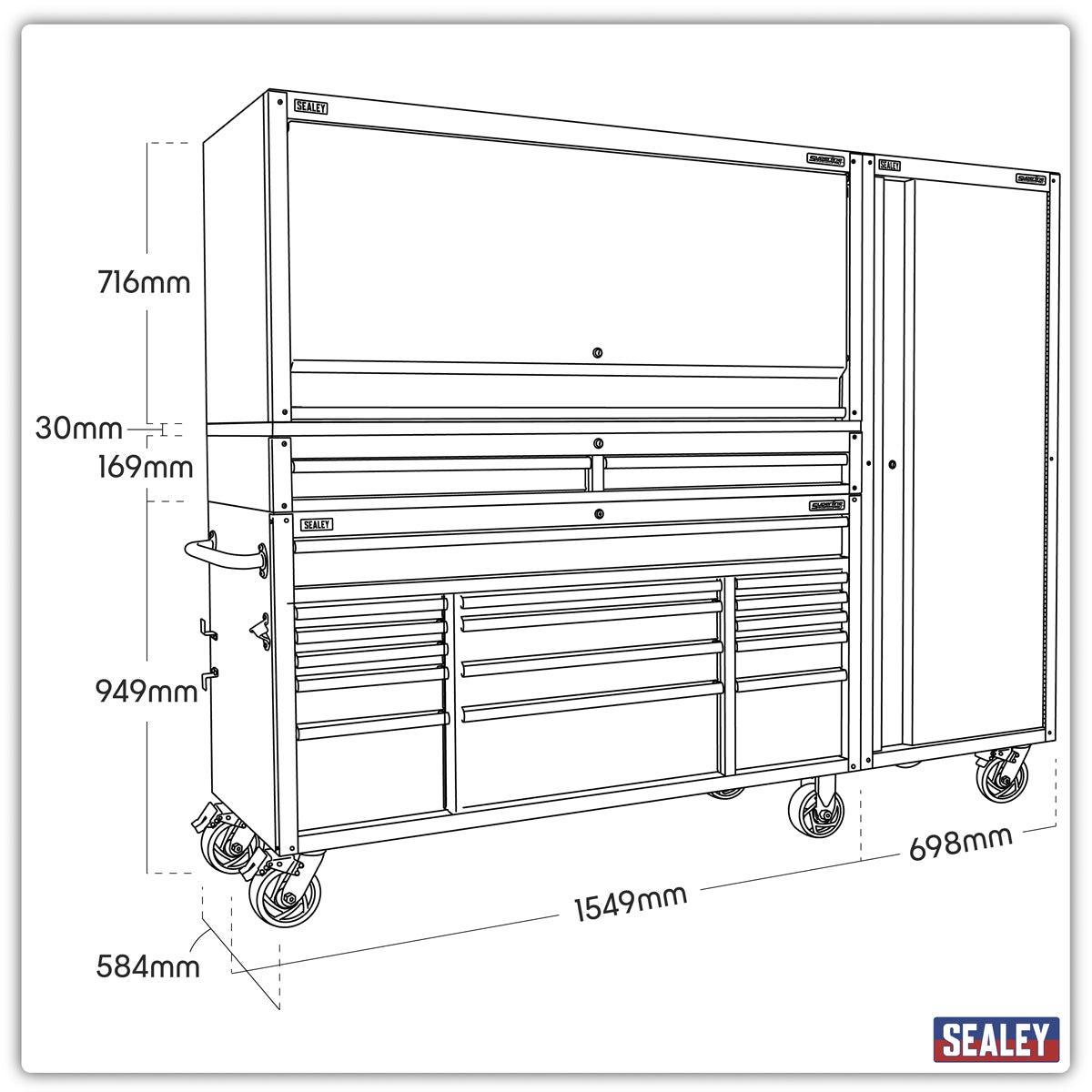 Sealey AP6115BECOMBO2 15 Drawer 1549mm Mobile Trolley with Wooden Worktop, Hutch, 2 Drawer Riser & Side Locker - AP6115BECOMBO2 - Sealey Tools UK - Trade Counter Direct