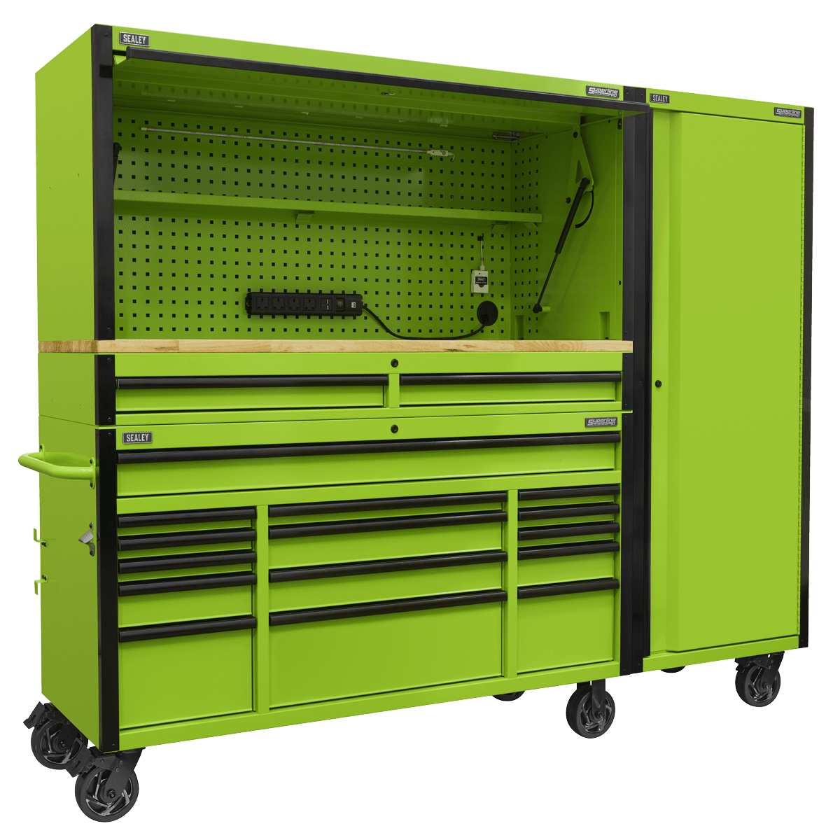 Sealey AP6115BECOMBO2 15 Drawer 1549mm Mobile Trolley with Wooden Worktop, Hutch, 2 Drawer Riser & Side Locker - AP6115BECOMBO2 - Sealey Tools UK - Trade Counter Direct
