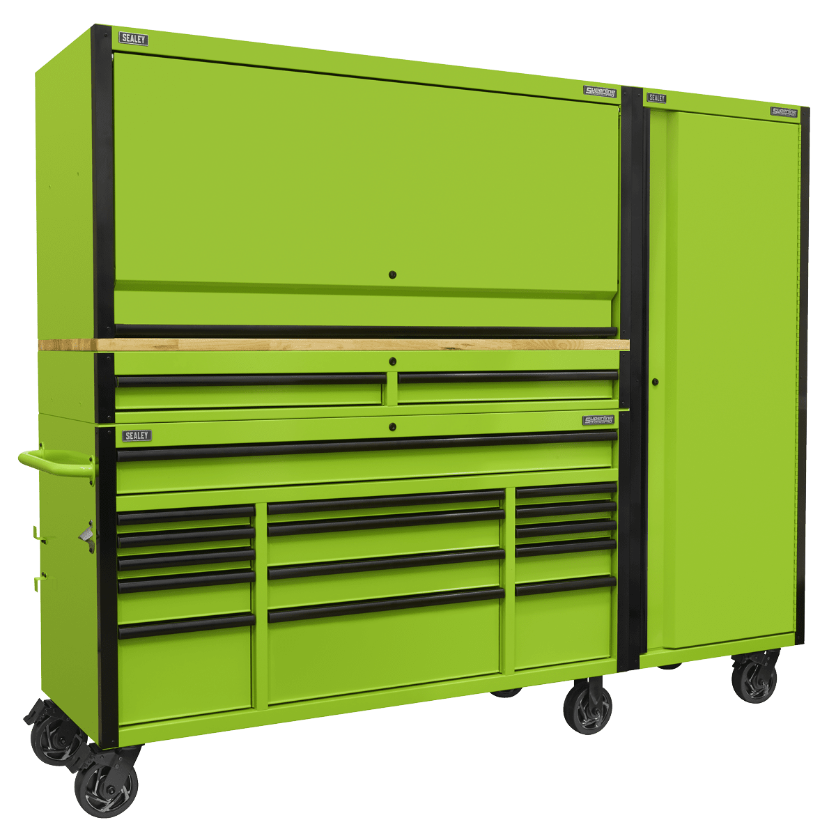 Sealey AP6115BECOMBO2 15 Drawer 1549mm Mobile Trolley with Wooden Worktop, Hutch, 2 Drawer Riser & Side Locker - AP6115BECOMBO2 - Sealey Tools UK - Trade Counter Direct