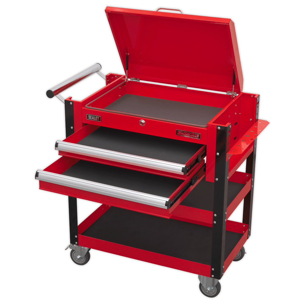Sealey AP760M Superline PRO® Heavy-Duty Mobile Tool & Parts Trolley with Lockable Top & 2 Drawers - Red - AP760M - Sealey Tools UK - Trade Counter Direct